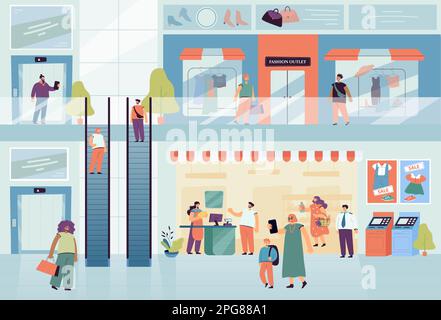 All'interno dell'edificio del centro commerciale con gente e negozi al dettaglio Illustrazione Vettoriale