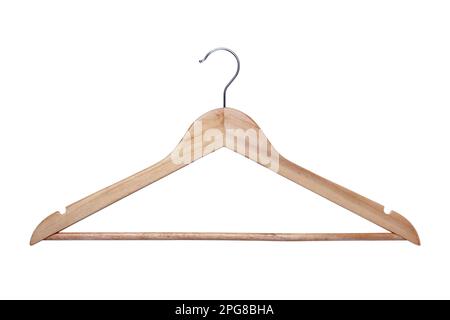 Appendiabiti in legno per primo piano isolato su bianco Foto Stock