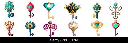 imposta l'illustrazione vettoriale della chiave da un castello o un isolato di scrigno del tesoro su sfondo bianco Illustrazione Vettoriale