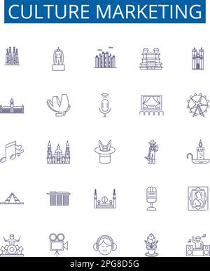 Set di simboli icone linea marketing cultura. Collection di disegno di culturale, di vendita, di pubblicità, di strategie, di targeting, Branding, promozioni, audience Illustrazione Vettoriale