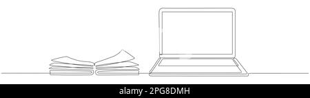 Disegno in linea continuo di un notebook con libro. Illustrazione Vettoriale