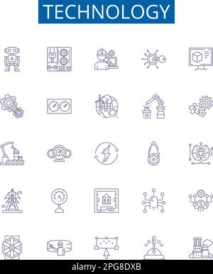 Set di simboli delle icone della linea tecnologica. Collezione di progettazione di Tech, Gadget, elettronica, rete, Software, Programma, ai, Machine Outline Concept Vector Illustrazione Vettoriale