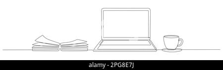 Disegno in linea continuo di un libro aperto e di una tazza da caffè per computer portatile. Illustrazione lineare dell'istruzione online. Vettore isolato su bianco. Illustrazione Vettoriale
