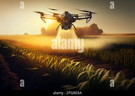 Agricoltura drone volare a fertilizzante spruzzato su campi giardino fattoria Foto Stock