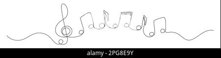Note musicali disegno continuo di una linea. Vettore isolato su bianco. Illustrazione Vettoriale