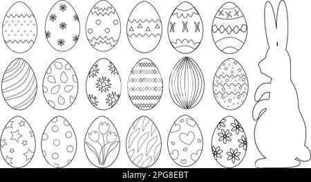 Buona pasqua con uova colorate. Set di uova di Pasqua in stile doodle. Vettore EPS10. Contorni neri di un uovo su sfondo bianco per la colorazione. Illustrazione Vettoriale