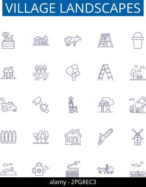 Paesaggi del villaggio linea icone segni set. Collezione di design di Village, Landscape, Vistas, Horizon, Suburbs, Campi, Case, Cottages contorno concetto Illustrazione Vettoriale