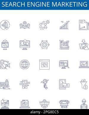 Linea di vendita di Search Engine icone segni set. Design raccolta di SEM, SEO, pubblicità, analisi, traffico, PPC, CTR, CPC vettore di concetto di contorno Illustrazione Vettoriale