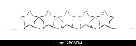 Disegno a linea continua a cinque stelle. Valutazione revisione simbolo lineare a stella. Illustrazione vettoriale isolata su bianco. Illustrazione Vettoriale