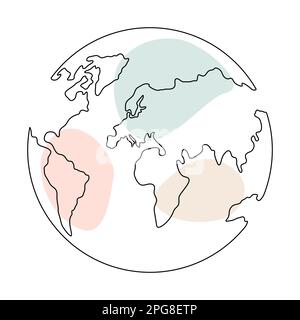 Globo terrestre continua una linea d'arte Mappa del mondo doodle disegno lineare con forme pastello. Illustrazione vettoriale isolata su sfondo bianco. Illustrazione Vettoriale