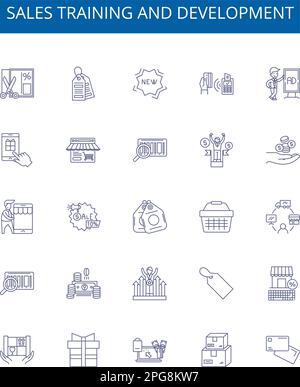 Set di cartelli con icone per linee di sviluppo e formazione alle vendite. Progettare la raccolta di vendite, formazione, sviluppo, strategia, tecnica, abilità, conoscenza Illustrazione Vettoriale