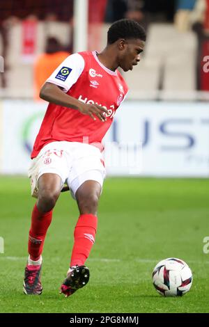 Reims, Francia. 19th Mar, 2023. Cheick Keita di Reims durante il campionato francese Ligue 1 partita di calcio tra lo Stade de Reims e l'Olympique de Marseille il 19 marzo 2023 allo stadio Auguste Delaune di Reims, Francia - Foto Jean Catuffe/DPPI Credit: DPPI Media/Alamy Live News Foto Stock