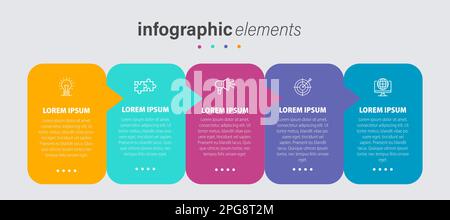 Infografica aziendale processo sottile con modello quadrato con icone e 5 opzioni o passaggi. Illustrazione vettoriale. Illustrazione Vettoriale