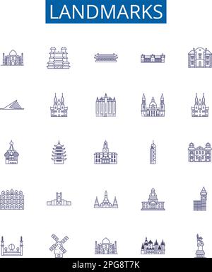 Punti di riferimento icone linee segni impostati. Collezione di disegni di Monumenti, statue, strutture, edifici, palazzi, Rovine, Templi, architettura contorno concetto Illustrazione Vettoriale