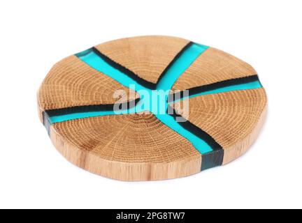 Elegante coaster in legno isolato su bianco Foto Stock