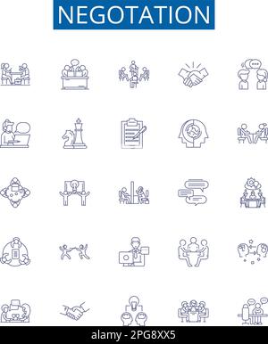 Linea di negazione icone segno set. Progettare la raccolta di negoziare, contrattare, discutere, negoziare, mediare, arbitrate, parley, contend vettore di concetto di contorno Illustrazione Vettoriale