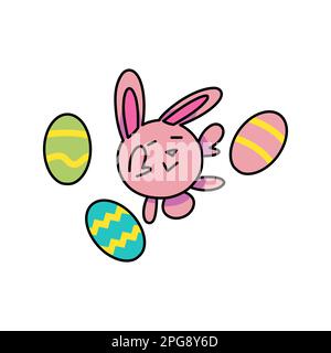 coniglio di pasqua rosa, saltando circondato da 3 uova di pasqua Illustrazione Vettoriale