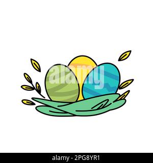 tre uova di pasqua, di colore giallo, verde e blu giacenti in un'illustrazione di vettore piatta nido Illustrazione Vettoriale