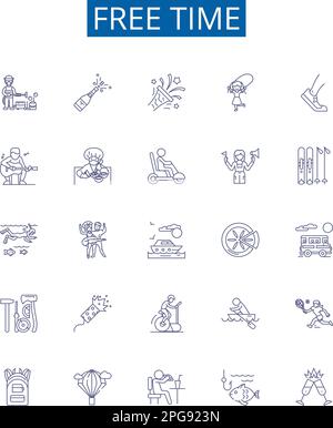Set di simboli delle icone della linea del tempo libero. Collezione di design di tempo libero, idleness, relax, vacanza, vacanza, Riposo, tempi di fermo, concetto di contorno divertente vettore Illustrazione Vettoriale