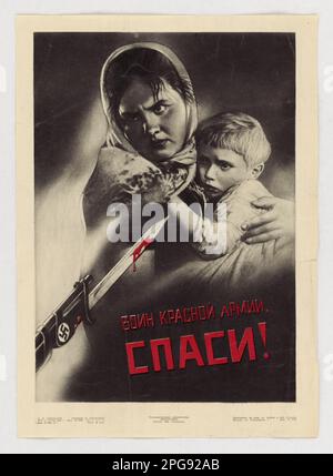 Poster di guerra russo. Paese: Russia. 1942 - 1945. Ufficio per la gestione delle emergenze. Ufficio delle informazioni di guerra. Filiale operazioni nazionali. Ufficio servizi speciali. 3/9/1943-9/15/1945. Manifesti stranieri della seconda guerra mondiale Foto Stock