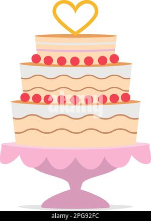 Torta nuziale con una forma a cuore sulla parte superiore e un vassoio rosa Illustrazione vettoriale del concetto di icona di matrimonio Illustrazione Vettoriale