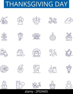 Set di simboli delle icone della linea del giorno del Ringraziamento. Collezione di design di Thanksgiving, Day, Turchia, Festa, gratitudine, Pellegrini, indiani, Cornucopia delineare concetto Illustrazione Vettoriale