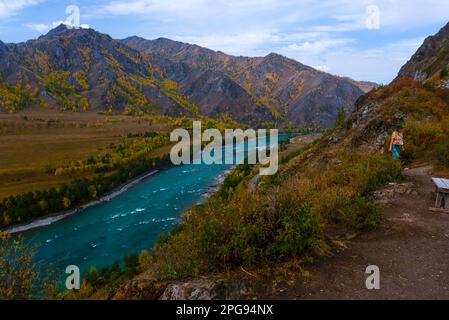 Una ragazza turistica cammina vicino a una scogliera sopra le rapide del fiume Katun sotto una montagna all'ombra e una strada in Altai in Siberia in autunno eveni Foto Stock