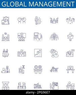 Set di simboli delle icone della linea di gestione globale. Collezione di progettazione di Global, Management, International, Organization, Strategic, Leadership, trasformazione Illustrazione Vettoriale