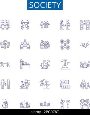 Simbolo della linea sociale icone set. Collection di disegno di società, comunità, cultura, persone, esseri umani, civiltà, organizzazione, norme delineano il concetto Illustrazione Vettoriale