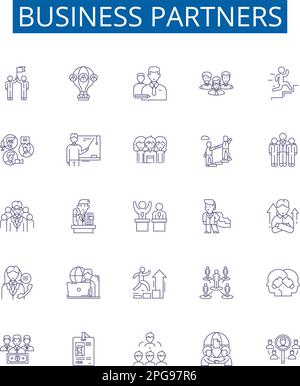 Set di simboli delle icone delle linee dei partner commerciali. Raccolta di progetti di partner, aziende, collaboratori, associati, investimenti, Azionisti, stakeholder Illustrazione Vettoriale
