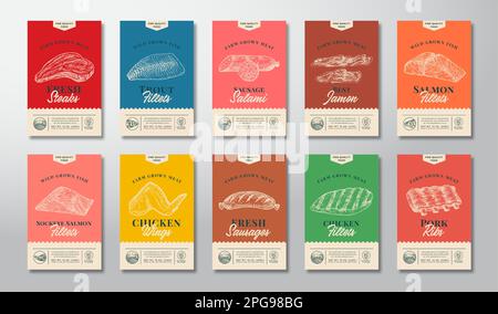 Carne, pesce, pollame e salsiccia Abstract Vector Packaging Labels Design Set. Striscioni di tipografia moderna, illustrazioni disegnate a mano dell'alimento. Carta a colori Illustrazione Vettoriale