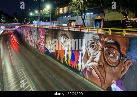 Città del Messico, circuito interno Melchor Ocampo strada murales del traffico murales di Lizette Charlotte, notte notturna veicolo luci sentieri Foto Stock