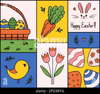 Illustrazione vettoriale del biglietto di Pasqua. Scarabei di Pasqua con uova, coniglietto, uccello, fiori primaverili e carote. Icone per le festività, copertine, poster, banner, biglietti d'auguri. Illustrazione Vettoriale
