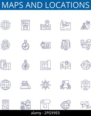Cartine e posizioni icone linea cartelli set. Progettare la raccolta di mappe, posizioni, geografia, mappatura, coordinate, Punti di riferimento, Wayfinding, Charting Illustrazione Vettoriale