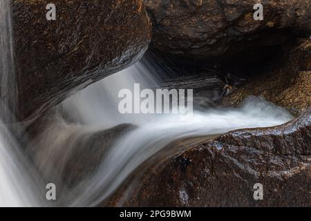 Una vista intima di un ruscello di montagna del Colorado mentre precipita lungo le varie pietre su una montagna. Foto Stock