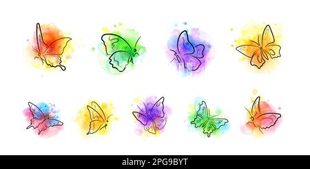 Farfalle disegnate con inchiostro su punti acquerelli luminosi Illustrazione Vettoriale