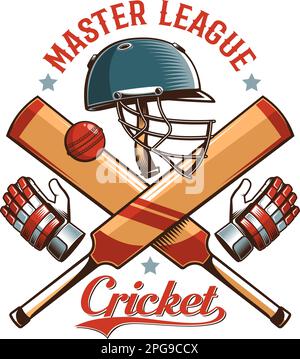 Logo Cricket retro con casco, bat e palla Illustrazione Vettoriale