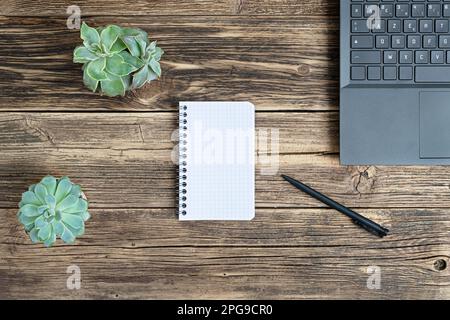 Un laptop, un taccuino aperto, una penna nera e due succulenti piante domestiche su un tavolo di legno, il concetto di lavoro da casa, lavoro a distanza, freelance e o Foto Stock