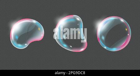 Raccolta realistica di bolle di sapone isolate su sfondo trasparente. Illustrazione vettoriale Illustrazione Vettoriale