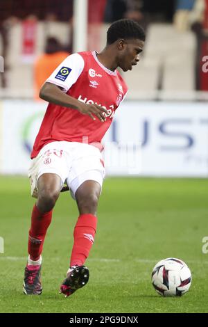 Cheick Keita di Reims durante il campionato francese Ligue 1 partita di calcio tra lo Stade de Reims e l'Olympique de Marseille il 19 marzo 2023 allo stadio Auguste Delaune di Reims, Francia - Foto: Jean Catuffe/DPPI/LiveMedia Foto Stock