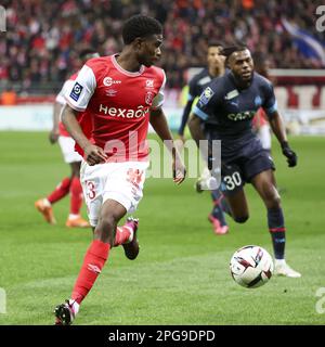 Cheick Keita di Reims durante il campionato francese Ligue 1 partita di calcio tra lo Stade de Reims e l'Olympique de Marseille il 19 marzo 2023 allo stadio Auguste Delaune di Reims, Francia - Foto: Jean Catuffe/DPPI/LiveMedia Foto Stock