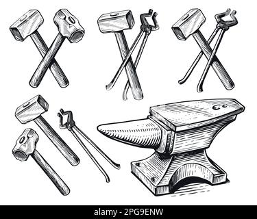 Pinza retrò, martello, disegno di incudine. Ferro da ferro, concetto di set di strumenti. Illustrazione vettoriale vintage di fabbro Illustrazione Vettoriale