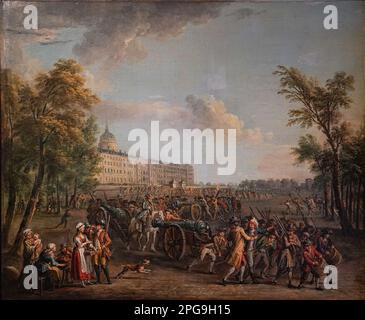 Questo dipinto storico di Jean-Baptiste Lallemand raffigura la scena caotica del saccheggio delle armi a Les Invalides il 14 luglio 1789 Foto Stock