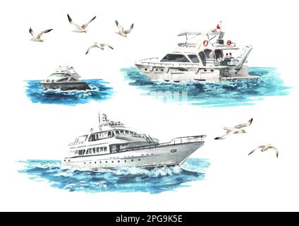 Set di barche a mare, yacht e gabbiani. Illustrazione di acquerello disegnata a mano isolata su sfondo bianco Foto Stock