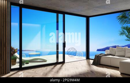 Automatico porte scorrevoli nere mare villa patio facciata mockup Foto Stock