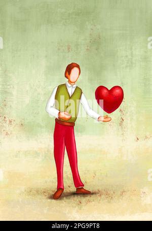 Uomo che consegna un grande cuore rosso. Illustrazione originale disegnata a mano. Foto Stock