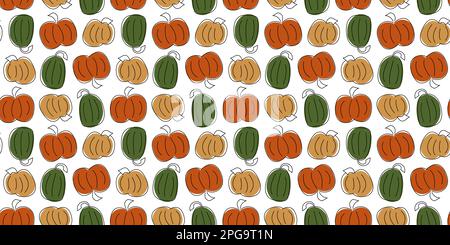 Motivo accogliente e senza cuciture con zucche colorate. Giorno del Ringraziamento. Stampa per una tovaglia autunnale festiva, tovaglioli, utensili. Design per tessuti Illustrazione Vettoriale