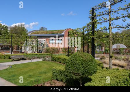 Consiglio comunità giardino, aiuole e zona relax sul sole maggio primavera giorno Antrim Castello Giardini Antrim Irlanda del Nord. Foto Stock