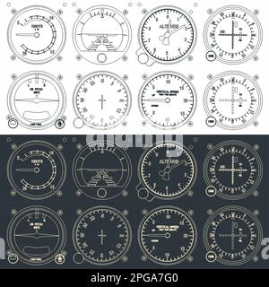 Illustrazione vettoriale stilizzata di progetti del pannello di controllo dell'aereo Illustrazione Vettoriale