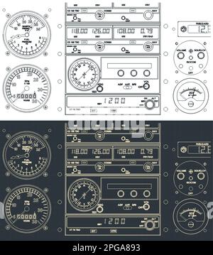 Illustrazione vettoriale stilizzata di un primo piano del cruscotto di controllo dell'aereo Illustrazione Vettoriale